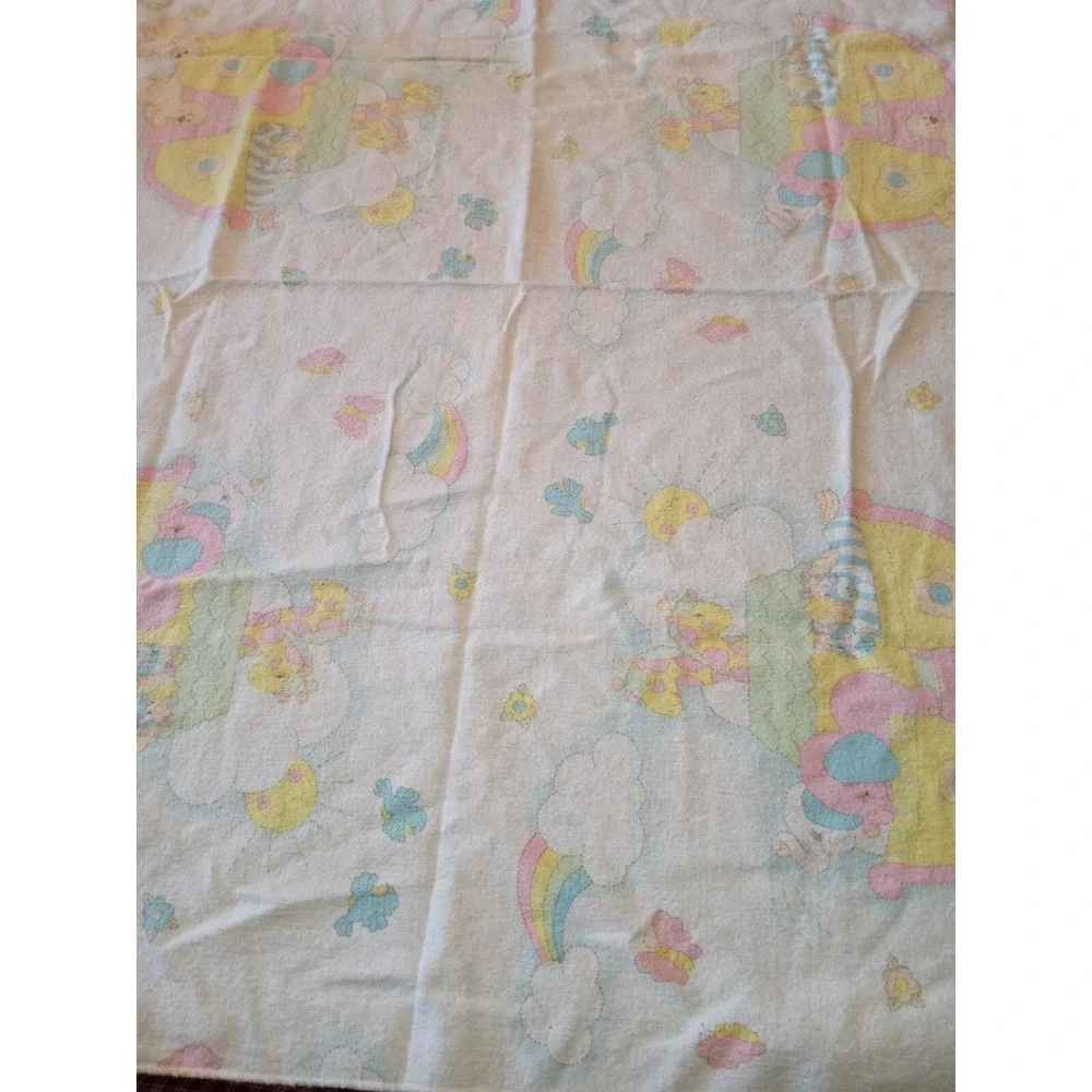 Vintage 1985 Curity Noahs Ark Baby Blanket Pastel Animals Flannel Kendall Co
